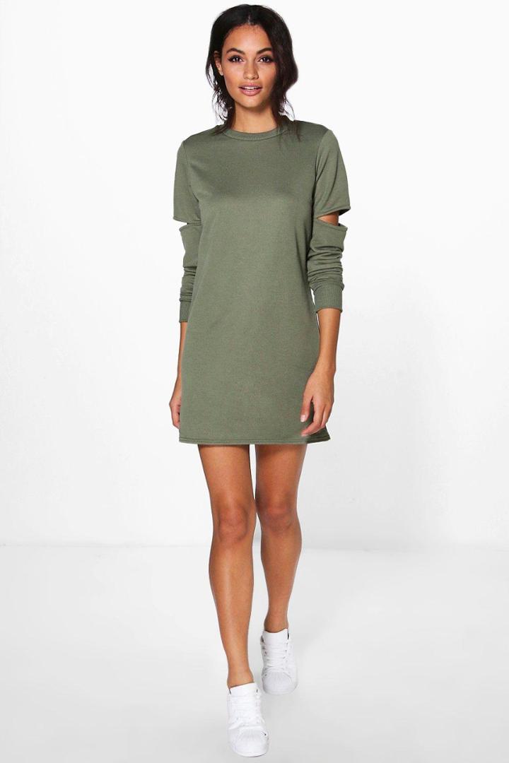 Boohoo Charly Cut Out Sleeve Sweat Dress Khaki