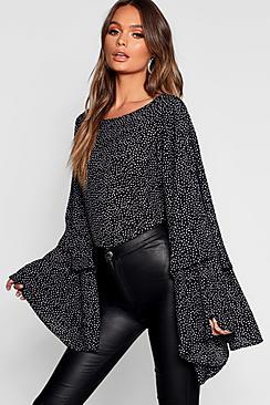 Boohoo Spot Print Exaggerated Sleeve Top