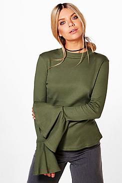 Boohoo Hallie High Neck Frill Cuff Ribbed Top