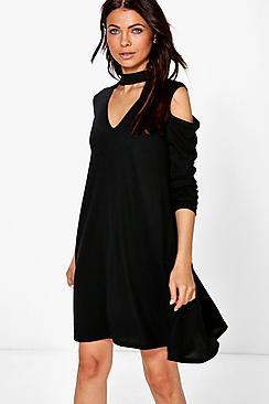 Boohoo Olivia Cold Shoulder Choker Rib Knit Swing Dress
