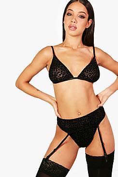 Boohoo Jade Leopard Flock Suspender & String Set