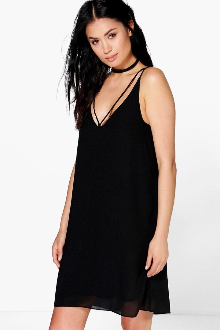 Boohoo Adinne Chiffon Strappy Detail Swing Dress Black