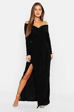 Boohoo Petite Off The Shoulder Split Maxi Dress
