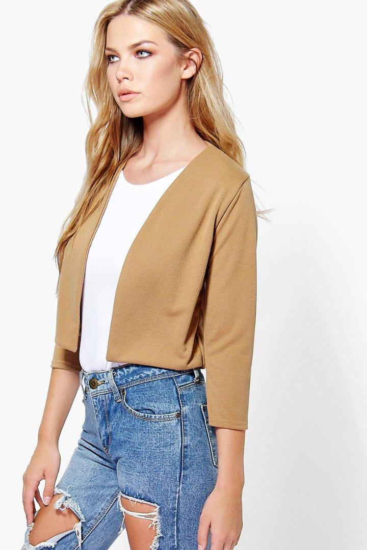 Boohoo Katie Crop Ponte Edge To Edge Blazer Camel