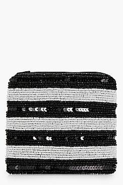Boohoo Nancy Mono Stripe Beaded Purse