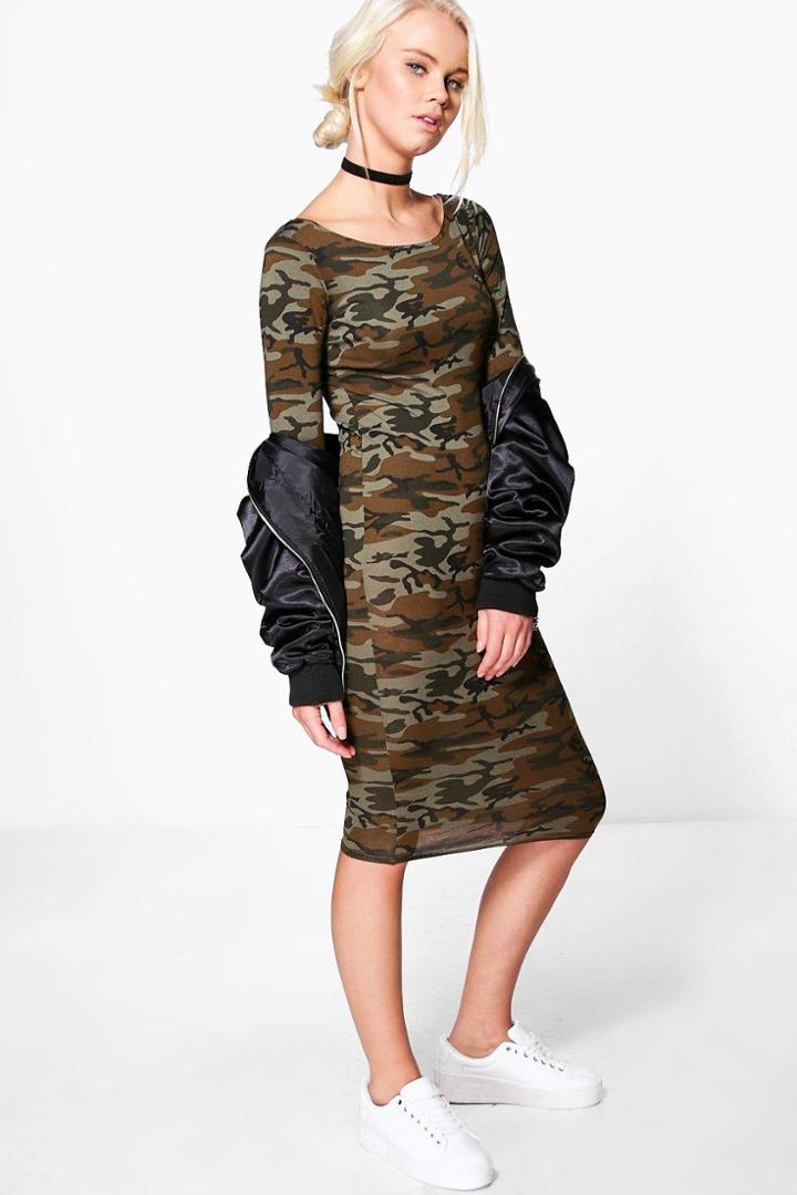Boohoo Erin Camo Long Sleeve Midi Dress Khaki