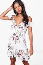 Boohoo Aliah Floral Cold Shoulder Frill Hem Dress