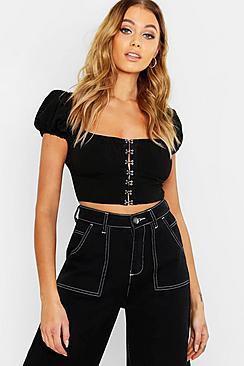 Boohoo Hook + Eye Detail Puff Sleeve Crop Top