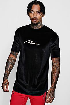 Boohoo Man Signature Foil Print Velour Curve Hem T-shirt