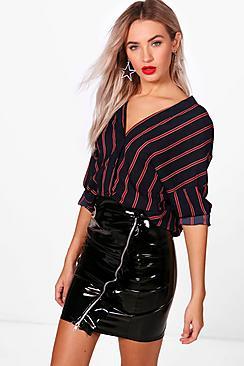 Boohoo Bella Striped Button Through Collarless Blouse