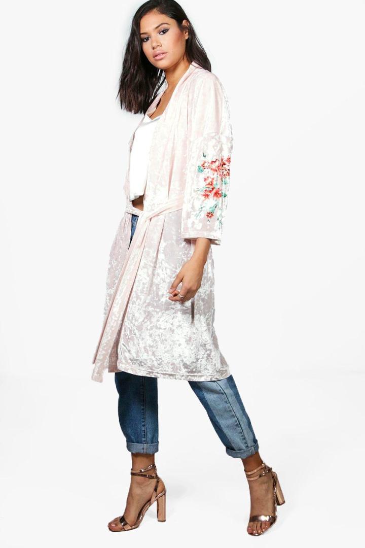 Boohoo Poppy Oriental Print Velvet Kimono Nude