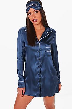 Boohoo Lola 'sleep All Day' Slogan Satin Night Dress