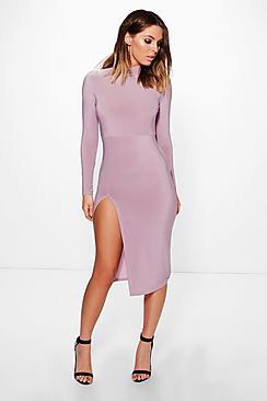 Boohoo Slinky Roll Neck Split Midi Dress