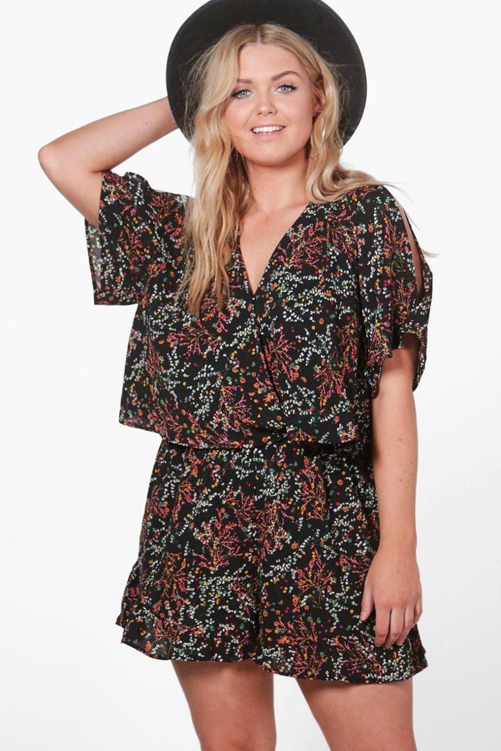 Boohoo Plus Bethany Flippy Floral Print Playsuit Black