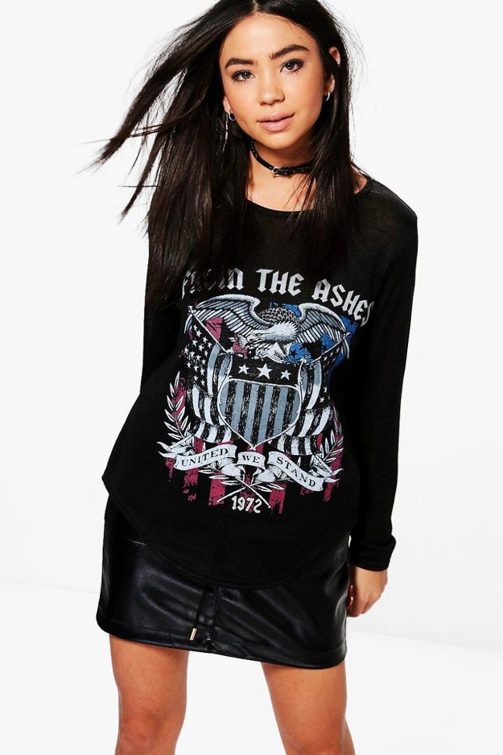 Boohoo Kerry Printed Long Sleeve Band Tee Black
