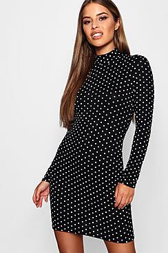 Boohoo Petite Polka Dot Polo Neck Bodycon Dress
