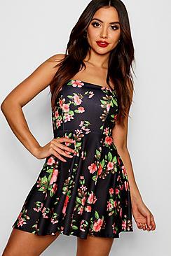 Boohoo Square Neck Floral Skater Dress