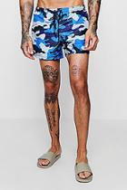 Boohoo Blue Camo Print Mid Length Swim Short