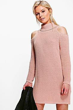 Boohoo Anna Roll Neck Cold Shoulder Jumper Dress