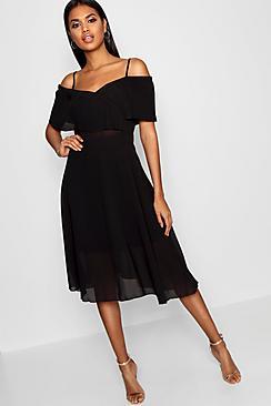 Boohoo Pleated Cold Shoulder Midi Skater Dress