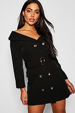 Boohoo Off The Shoulder Belted Blazer Dress