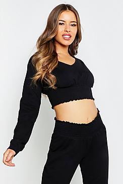Boohoo Petite Shirred Off The Shoulder Sweat Top