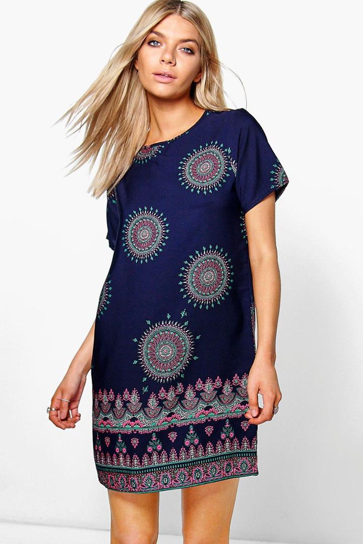 Boohoo Patricia Paisley Border Print Shift Dress Navy