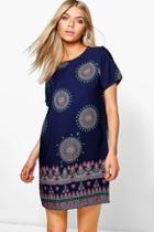 Boohoo Patricia Paisley Border Print Shift Dress Navy