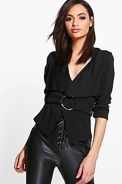 Boohoo Amelie Metal Ring Detail Waterfall Blazer