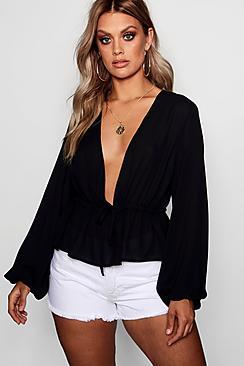 Boohoo Plus Lilly Split Sleeve Tie Front Top