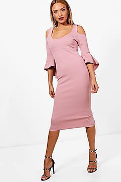 Boohoo Open Shoulder Frill Midi Dress