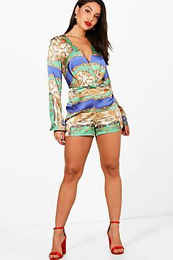 Boohoo Averi Scarf Print Twist Front Playsuit