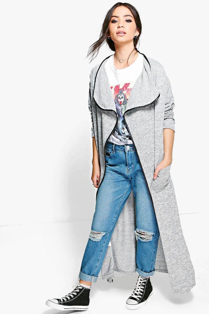 Boohoo Jasmine Pu Trim Maxi Waterfall Cardigan Grey