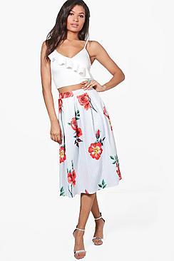 Boohoo Aria Striped Floral Box Pleat Skater Skirt