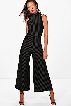 Boohoo Tall Lola Pinstripe High Neck Jumpsuit