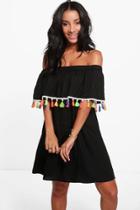 Boohoo Brenda Off Shoulder Tassel Trim Dress Black