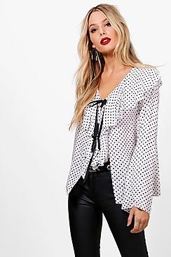 Boohoo Nicole Spot Print Ruffle Tie Front Blouse