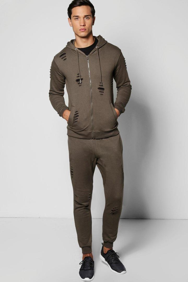 Boohoo Skinny Fit Distressed Hooded Tracksuit Khaki