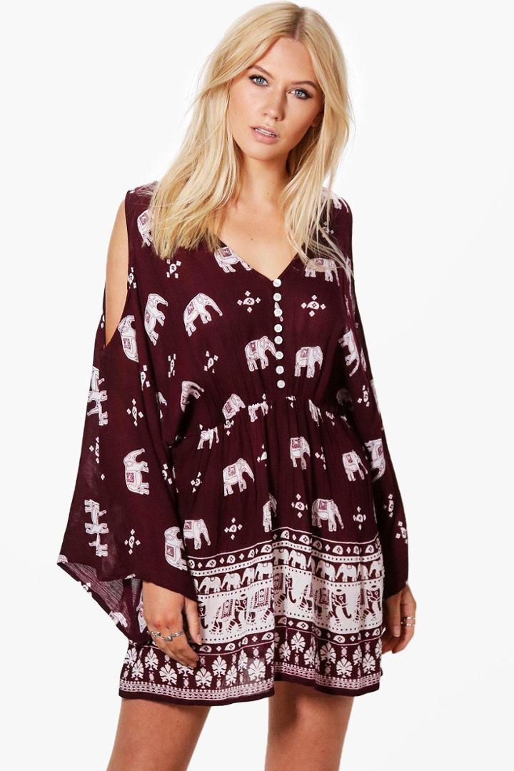 Boohoo Casey Elephant Print Cold Shoulder Dress Multi