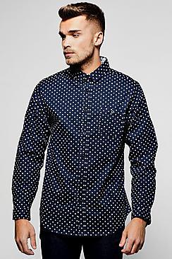 Boohoo Navy Long Sleeve Polka Dot Print Shirt