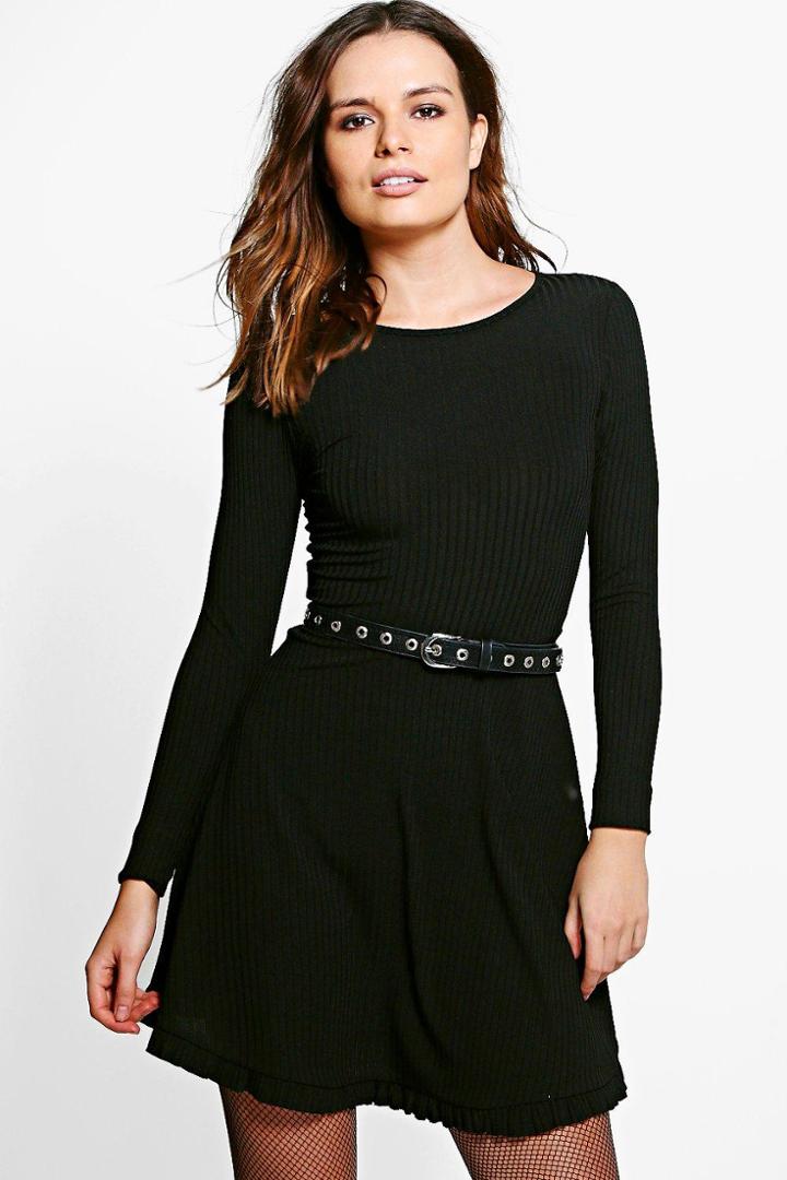 Boohoo Sally Ribbed Skater Dress Black