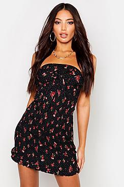 Boohoo Tie Front Shirred Floral Mini Dress