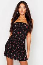 Boohoo Tie Front Shirred Floral Mini Dress