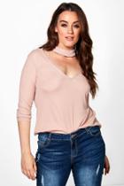 Boohoo Plus Moira Cut Out High Neck Knitted Top Camel