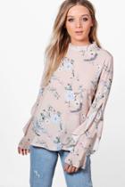 Boohoo Raegan Oriental Print Ruffle Sleeve Blouse Stone