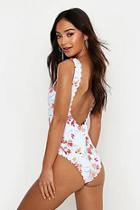 Boohoo Petite Pastel Floral Scallop Lace Up Swimsuit