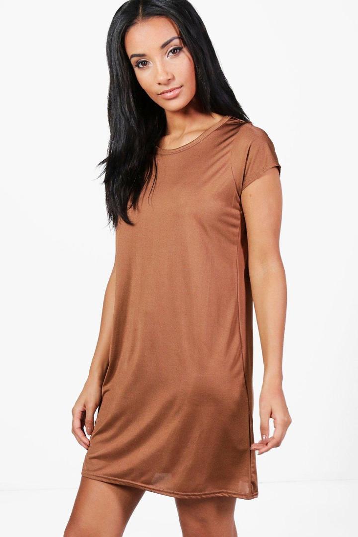 Boohoo Teresa Slinky Short Sleeve Shift Dress Tan