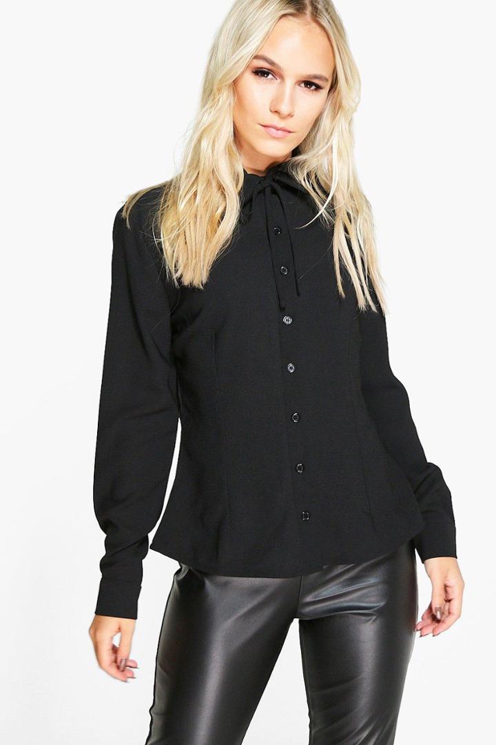 Boohoo Petite Roma Tie Neck Long Sleeve Shirt Black