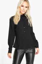 Boohoo Petite Roma Tie Neck Long Sleeve Shirt Black