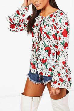 Boohoo Spot Ruffle Tie Front Blouse